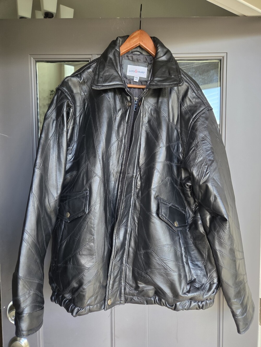 Vintage Land & Heart Lambskin Leather Jacket Black Patchwork Mosaic Bomber 2XL